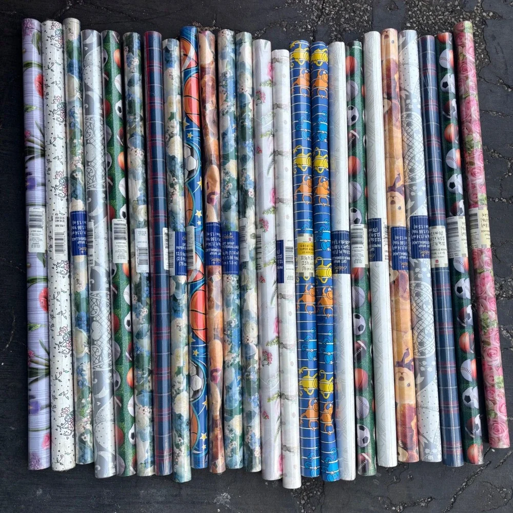 Lot 24 Rolls Gift Wrap Gibson American Greetings VTG Deadstock Floral Sports